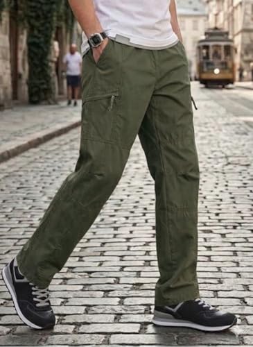 Image of Men's Cotton Cargo Pants |Bottom with 6 Pockets & Drawstring Waist | Breathable Lower with 6 Pockets & Drawstring Elastic Waistband | Casual Bottoms Travel Outdoor