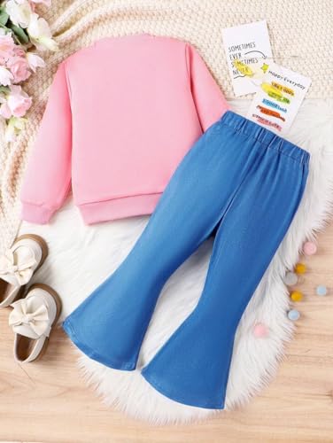 Image of Toddler Girl Clothes Long Sleeve Cartoon & Letter Graphic Top + Fruit Stationery Print Flared Leg Pants