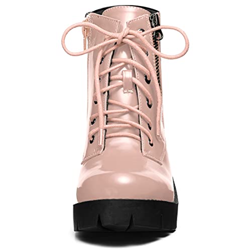 Allegra K Allegra K Women's Round Toe Chunky Heel Lace Up Zipper Pink Combat Boots 7 M US