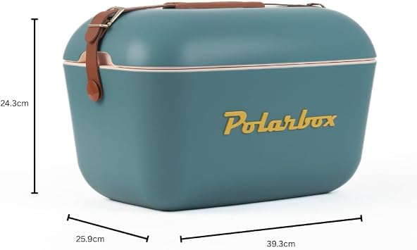 Polarbox Classic Cool Bag with Leather Strap, Rigid Insulated Cooler Bag for Beach, Picnic, Party, Convertible Lid, Polypropylene, Blue and Navy, 12L, 40cm x 26cm