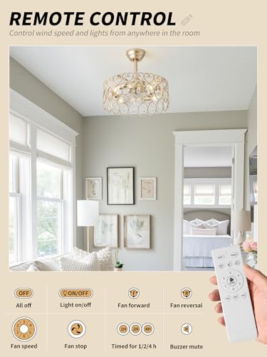 Image of SYDACG 20 inch Gold Crystal Fandelier Ceiling Fans with Lights, Gold Chandelier Ceiling Fan with Light Remote Control, Mid-Century Modern Caged 6 Speeds for Bedroom, Nursery, Foyer, Living Room