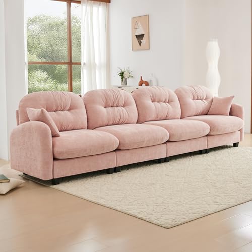 Image of KEIKI 140 inch Oversized Chenille Modular Sectional Sofa with High-Density Foam Cushion and Tufted Pleated Cushion Backrest, Upholstered Modern 4-Seater Cloud Couch with 2 Pillow, for Living Room, Pink