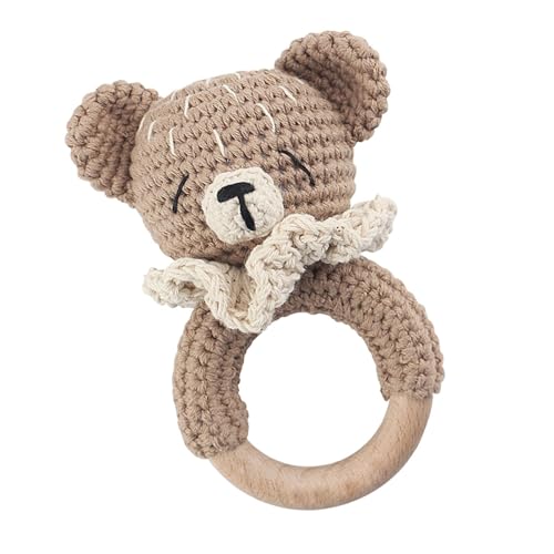 Sonajero de crochet para bebés, sonajeros suaves para bebés - Divertido sonajero de madera con forma de animal, sonajero de ganchillo relleno,Sonajero de madera hecho a mano de los bebés del