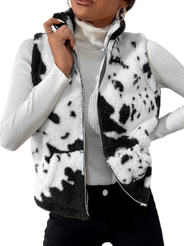 SOLY HUX Women's Cow Print Fleece Fuzzy Zip Up Vest Jacket