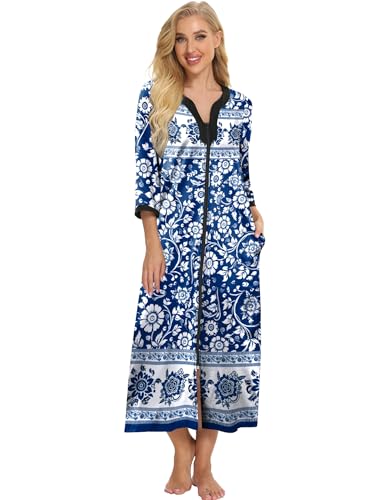 Bloggerlove Robes for Women Zipper Front Bathrobe Half Sleeve House Coat Long Nightgown With Pockets Soft Cotton Loungewear