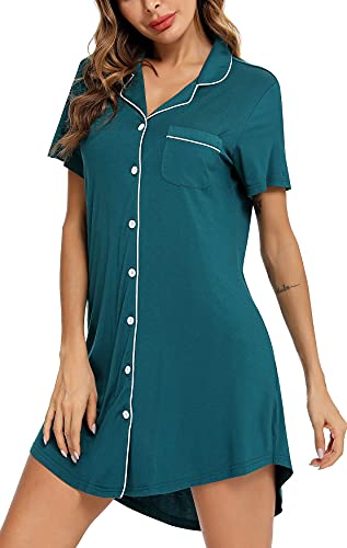 Image of Samring Pajama Nightgown for Women Short Sleeve Button Down Boyfriend Night Gown Nightdress Sleep Shirts
