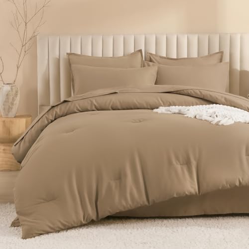 Image of Litanika Super King Plus Comforter Sets Taupe - 7 Pieces Bed in a Bag Beddding Sets, Solid Lightweight Bed Set with Comforter, Sheets, Pillowcases & Shams