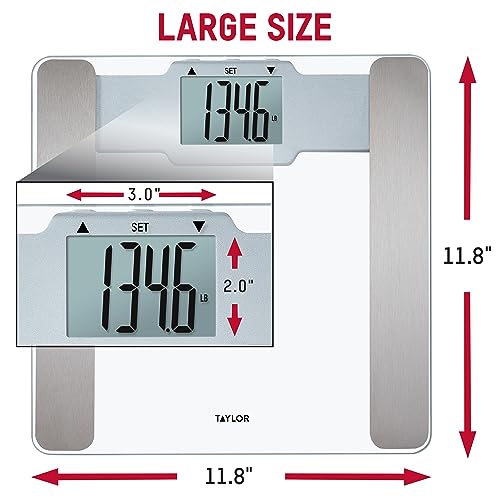 Image of Taylor Digital Glass Bathroom Scale with Body Fat, Body Water and Muscle Mass Analysis - Clear Tempered Glass Platform, 400 lb Capacity, Large Display, Stainless Steel Accents