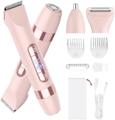 Hatteker 4-in-1 Women's Electric Razor, Dual-Head Body Hair Trimmer for Women, IPX7 Waterproof Rechargeable Bikini Trimmer & Facial Hair Remover for Legs, Armpits, Face, Nose, Eyebrows, Pink