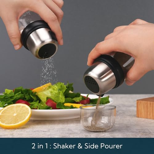 Image of KITCHENDAO 2 in 1 Glass Salt and Pepper Shaker Set with Side Pour Spout,Built-in Lid to Slow Down Danmpness with Mearsuring Marks,(Black)