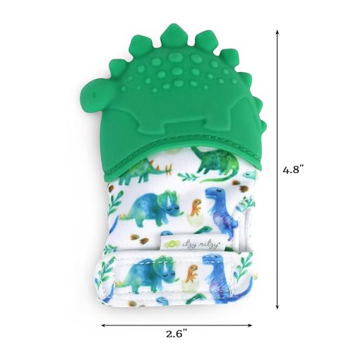 Image of Itzy Ritzy Silicone Teething Mitt - Soothing Infant Teething Mitten with Adjustable Strap, Crinkle Sound & Textured Silicone to Soothe Sore & Swollen Gums - for Ages 3 Months & Up (Green Dinosaur)