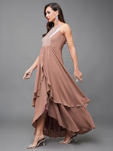 Image of Miss Chase Women's Round Neck Sleeve Embellished Fit Flare Maxi Dress