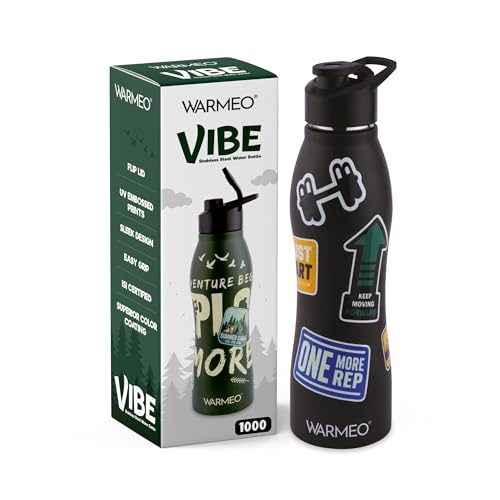 Image of WARMEO VIBE 1000 Stainless Steel Water Bottle 1000 ml | Gym Motivation 3D Embossed Design | Single Walled, ISI Certified I Leak Proof Lid, Rust Proof I For School, Office, Gym I Black