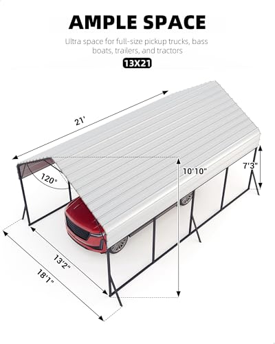 13 ft x21 ft x11 ft Oversized Metal Carport, Steel Heavy Duty Car Ports for All-Weather, Tall Carport for Full-Size Pickup Trucks, Boats, and Tractors, N.W. 660 LBS