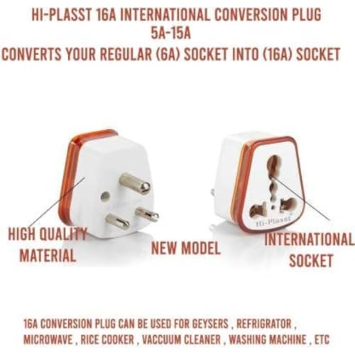 Image of HI-PLASST 6a to 16a Converter Plug | 6 amp to 16 amps Converter Plugs Useful for 16a Extension Board with16 amp Socket and 16 Ampere Plug Top,for A /C,Refrigrator,etc,230 Volt AC.(Orange,5 Pieces)