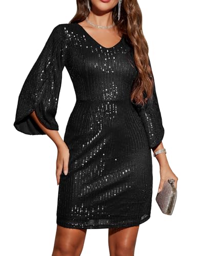 Image of Dressystar Sequin Dress for Women 2026 Sparkly Formal V Neck Long Slit Sleeves Glitter Bodycon Cocktail Party Prom Dresses