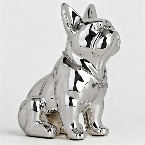 XYQXYQ Statua di Bulldog Francese, Statua di Cane Carlino Seduto in Resina Argentata, Scultura Decorativa Bulldog Inglese per la Casa, Decorazione da Tavolo per Soggiorno, Regalo d'Arte a Tema Cani da