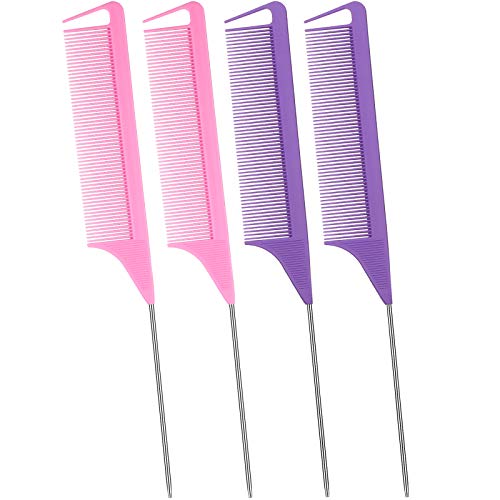 4 Piece Parting Comb for Braids Rat Tail Comb Steel Pin Rat Tail Carbon Fiber Teasing Combs with Stainless Steel Pintail (Pink, Purple)