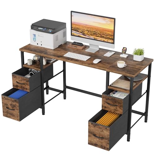 YAOHUOO Computer Desk with 4 Fabric Drawers Organizer - 55"/140 Office Desks with File Drawer Organization, PC Work Desk Study Writing Table Workstation for Home Office Space Rustic Brown