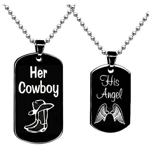 Ailiessy Tag Couple Pendant Necklace Stainless Steel Her Cowboy His Angel Dog Tag Necklace for Women Men Lover Jewelry 2Pcs, Metal, Rhinestone Cover