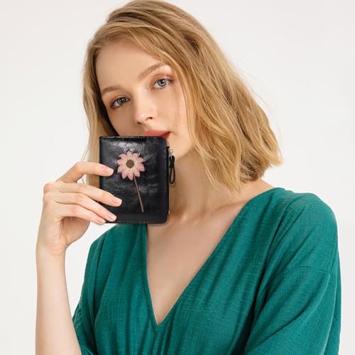 Wallet Women, Leather Bifold Card Holder Wallets for Women with Snap and Zipper, Flower Embroidery Printing Small Wallet with Coin Pocket and 6 Cards Slots (Black) 6