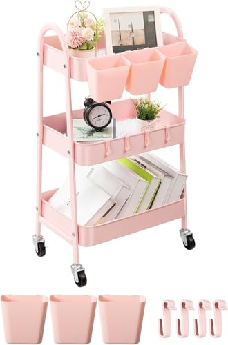 danpinera 3-Tier storage trolley, Metal storage cart with Lockable Wheels & Hanging Cups & Hooks, storage trolley on wheels for bathroom, kitchen, craft, beauty, Pink