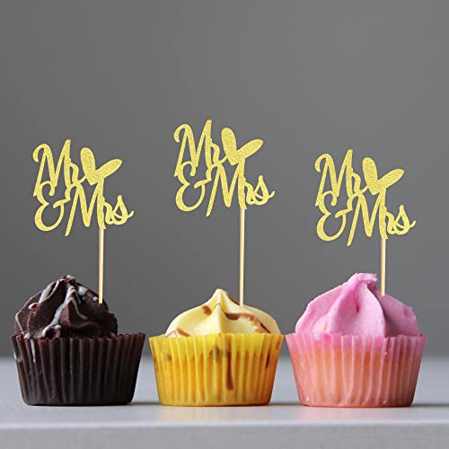 Arthsdite 48Pcs Mr & Mrs Cupcake Toppers With Love Heart Bridal Shower Gold Glitter Wedding Cupcake Picks Engagement Birthday Party Cake Decorations Supplies #TOP4
