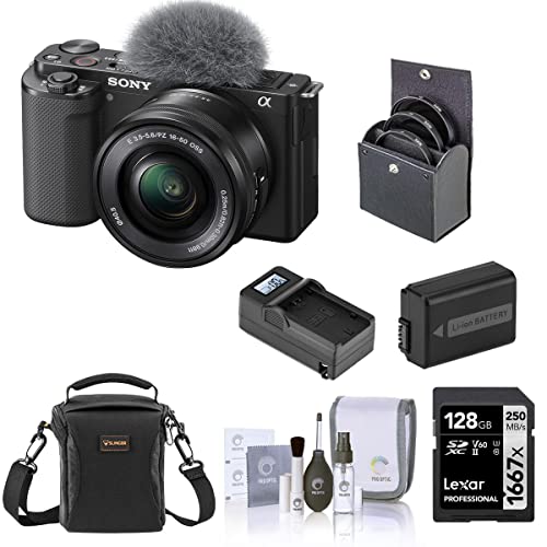 Sony ZV-E10 Mirrorless Vlog Camera with 16-50mm Lens, Black - Bundle with 128GB SD Card, Shoulder Bag, Extra Battery, Charger, 40.5mm Filter Kit, Cleaning Kit -  ILCZV-E10L/B EK