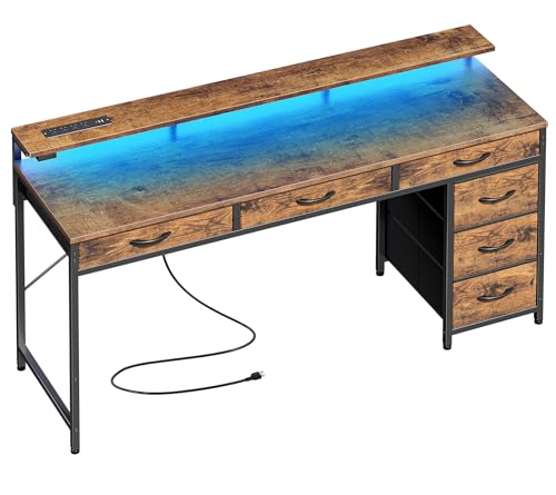 Huuger Gaming Desk with 6 Drawers, Computer Desk with LED Lights Power Outlets and Type-C, 55 Inch Office Desk with Storage, Monitor Stand, Writing Desk Work Desk for Home Office, Study, Rustic Brown