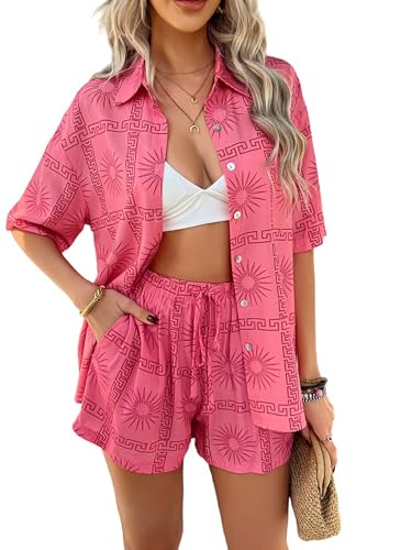 KAOBIO Women's 2 Piece Outfits Boho Tropical Print Short Sleeve
