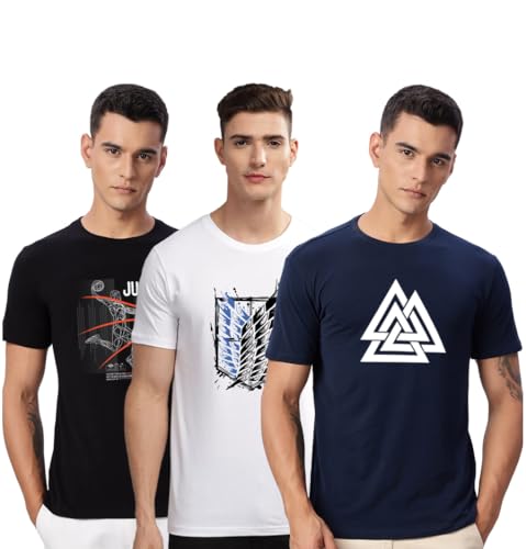 Image of ADRO 100% Cotton Lycra Tshirts for Men Combo Pack of 3 | Regular Fit | Printed T Shirt | Round Neck Half Sleeve| Mens Tshirts