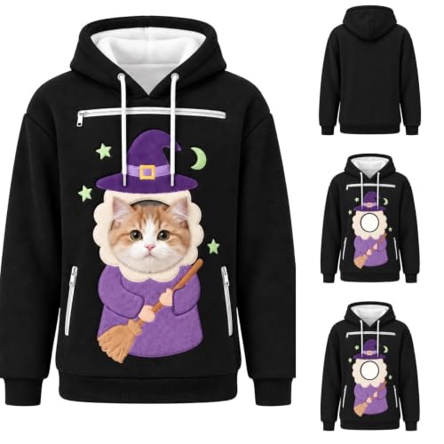 Halloween Cat Hoodie For Men,Pet Carrier Pouch Hoodies,Witch Cat Pullover - image 3