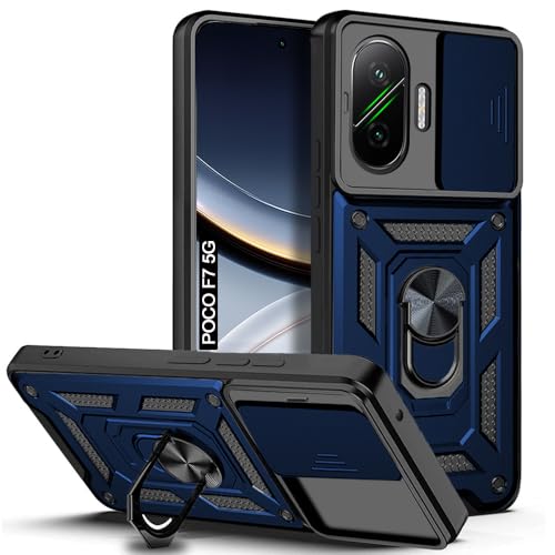 Image of AESTMO Tough Armor Poco F7 5G Bumper Back Case Cover | Ring Holder & Sliding Camera Shield Cover | 360 Degree Protection Back Case Cover for Poco F7 5G (Blue)