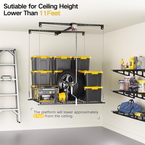 Overhead Garage Storage Rack, 4x4 Ft Garage Ceiling Storage Lift, Heavy-duty Ceiling Mounted Garage Storage Lift System for Garage Organization, 250lbs Weight Capacity, Brushed Black