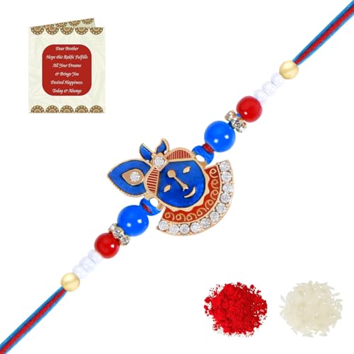 Image of Riddhika Ventures Religious Gold Plated Meenakari Sacred Ganesha Rakhi with Roli Chawal and Greeting Card