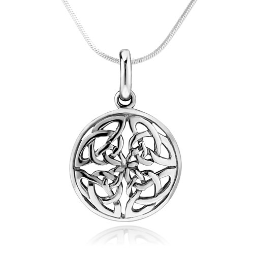 Chuvora925 Sterling Silver Celtic Knot Round Circle Pendant Necklace for Women, 18 inch Snake Chain, Metal, No Gemstone