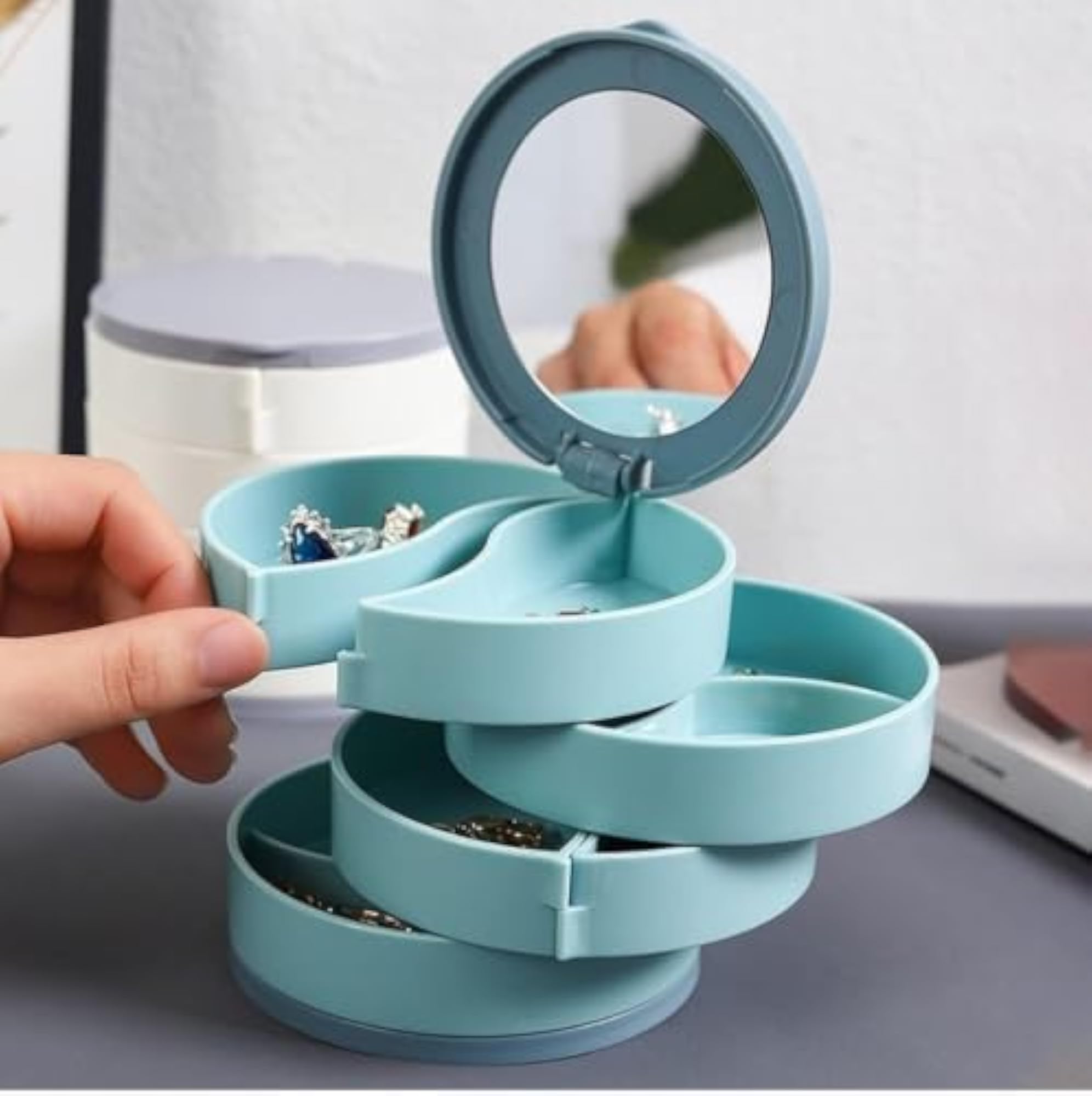 Rotating Jewellery Organiser Box with Mirror, Multi-Layer Design
