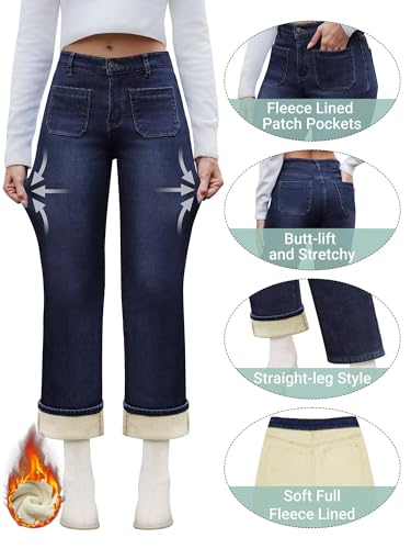 Fleece Lined Jeans Women Straight Leg High Waist Lined Jeans Winter Denim Pants for Women with Patch Pockets2