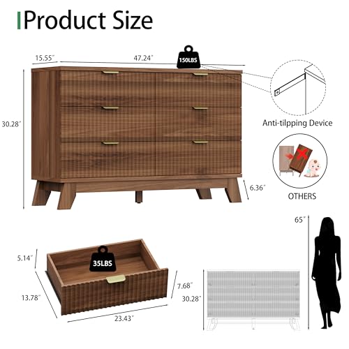 Image of Xixini Fluted Dresser for Bedroom with 6 Drawers, 48 inch Wide Modern Chest of Drawers with Metal Handle, Wooden Dresser TV Stand, Wood Closet Clothes Storage Organizer for Living Room, Hallway, Walnut