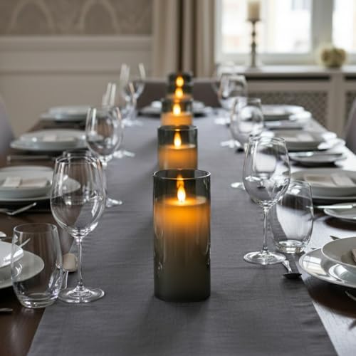 Image of LTETTES Real Wax LED Glass Pillar Flameless Rechargeable Candles | Grey Glass | USB Type-C Wireless Charging Cable | Remote Control Included | Home Decor & Gifting | Set of 1 (7.5 x 15.8 cm)