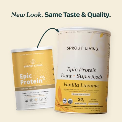 Image of Sprout Living Epic Protein, Plant Based Protein & Superfoods Powder, Vanilla Lucuma Powder | 20 Grams Organic Protein Powder, Vegan, Non Dairy, Non-GMO, Gluten Free, Low Sugar (2 Pound, 24 Servings)