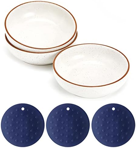 Howise 6inch Ceramic Cat Bowls with Non-Slip Mat | 3 Cat Dishes for Food and Water Set | Wide Shallow Cat Bowl Relief Whisker Fatigue | Cat Food Bowl Pet Kitten Bowl, White Cat Dish