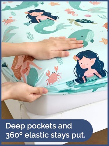 Image of Kids Queen Size Mermaid Bed Sheets - 4 Piece Kids Mermaid Sheet Set - Ocean Sea Bedding - Ultra-Soft, Cute & Cozy - Breathable & Machine Washable - Underwater Bed Set for Boys, Girls, Teens & Toddlers