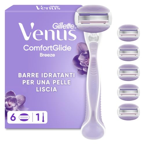 Gillette Venus Comfortglide Breeze Rasoio Donna con 6 Lamette di Ricambio, Manico in Metallo Riutilizzabile e Supporto per Doccia, per una Rasatura Liscia e Profonda Che Dura