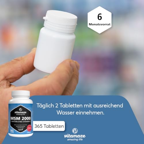 MSM 2000 mg + natürliches Vitamin C, 365 vegane Tabletten für 6 Monate, hochdosiert, 99,9% reines Methylsulfonylmethan, Nahrungsergänzung ohne Zusätze, Made in Germany