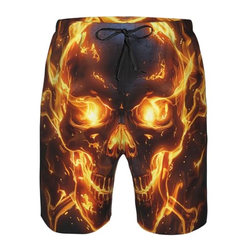 Men's Quick Dry Swim Shorts Flaming Skull and Fire Cross Bones Death Dark Beach Trunks with Pockets3