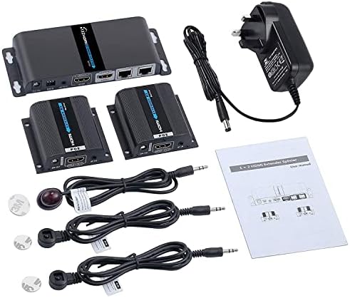 eSynic 1x2 HDMI Extender 3 port Splitter 40m Ultra HD 1080p HDMI Repeater with 2 Port HDMI Loop Out IR Remote HDMI Ethernet Network Extender over Single RJ45 Cat6 Cat7 Cables for Sky Box HDTV PS3 etc