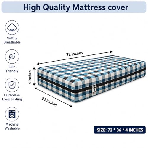 Image of Cotton Mattress Cover Protector for Single Bed with Strong Zip /Chain || Size (72x36x4) Inch / 6x3 Feet (Blue)