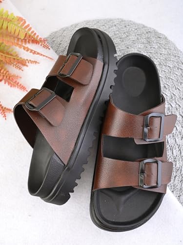 Image of STANPHORD Men Double Buckle Slider Sandals | Faux Leather Fashion Chappal | EVA Non-Slip Cushioned Sole | Casual Summer Daily Indoor Outdoor Wear (TPAI 14102)