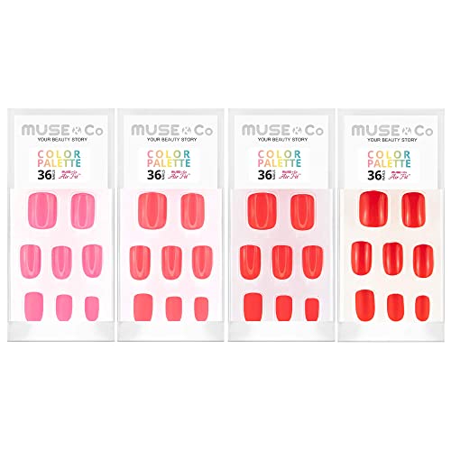 MUSE & Co Stick-On Gel 36 False Nails Medium Length Gloss Matte Pink & Red Color Multipack Palette (4packs)